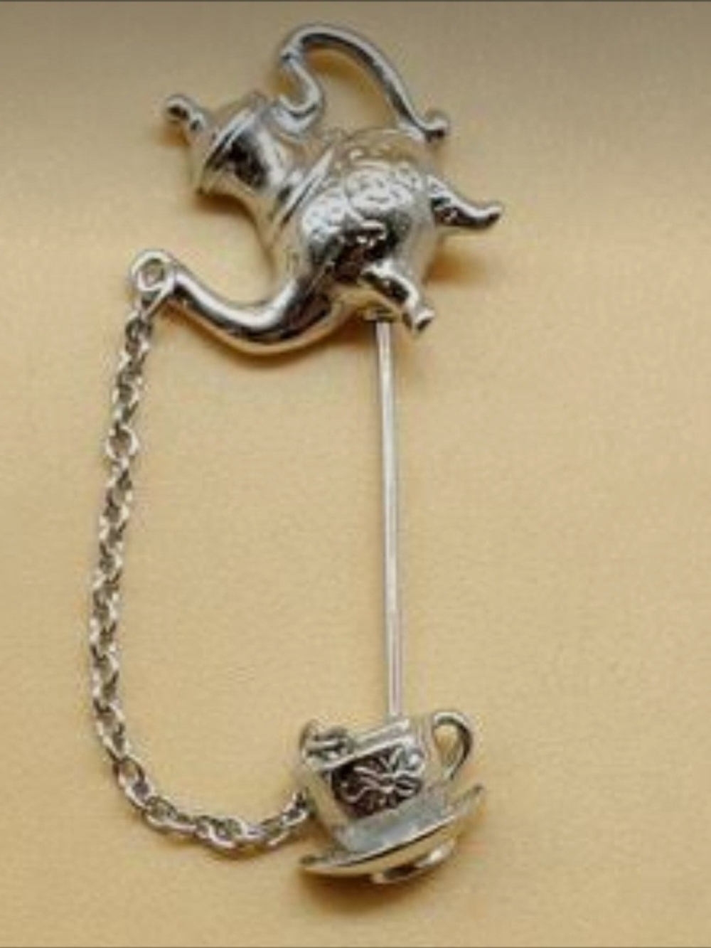 Silver Teapot and Teacup Cat Brooch Pin - Silver